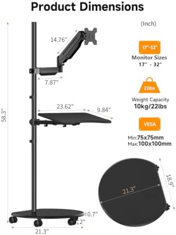 suptek Mobile Desk Workstation with Monitor Mount for up to 32" Screen, Rolling Computer Cart on Wheels,Full Keyboard Tray, CPU Holder