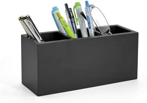 Wood Pen Holder for Desk with 3 Slots (Ash Black)
