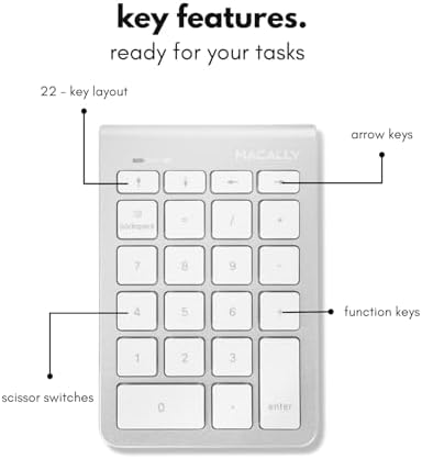 Macally Bluetooth Number Pad for Laptop - Wireless Numeric Keypad - 22 Key Numeric Keypad for Data Entry, Numpad Compatible with Mac, iMac, MacBook, iPad, iPhone, iOS, Laptop, PC, Android - Silver