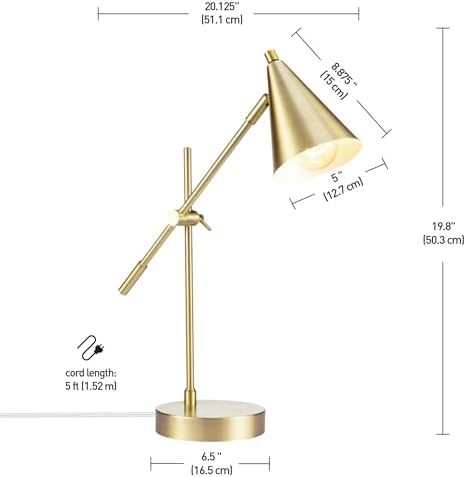 Globe Electric x Novogratz 52887 18" Desk Lamp, Matte Brass Finish, Adjustable Height, Balance Arm, Rotary Switch on Shade, Modern Lighting for Bedroom or Office, E26 Base 50W Bulb