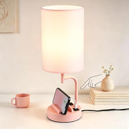 Dreamholder Touch Control USB Table Lamp with USB C/A & AC Outlet, 3-Way Dimmable Bedside Lamp, Modern Nightstand Lamps for Bedroom Living Room Guest Room Office, Bulb Included, Pink