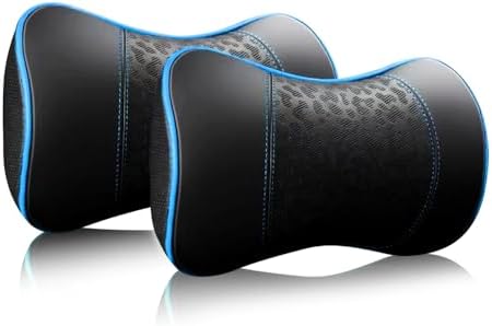 HAOTULE Car Leather Neck Pillows, Neck Rest Cushions,100% Memory Foam Cervical Support, Comfortable Travel car Seats and Home Office Soft Pillows, Blue a Set (2 pcs