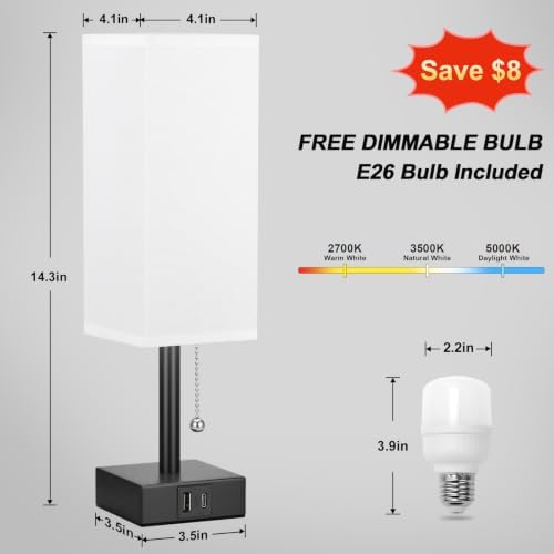 White Bedside Table Lamp for Bedroom - Desk Lamp For Nightstand, USB C+A