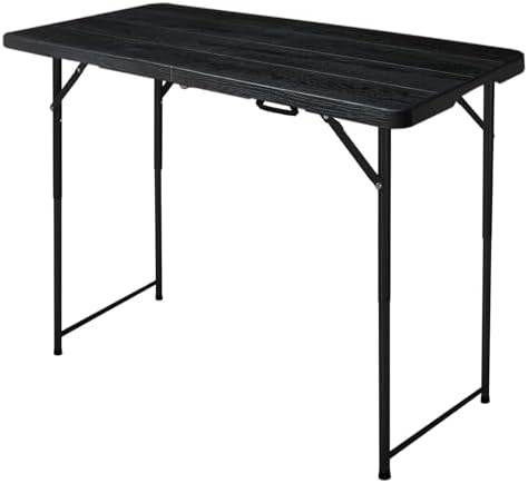 4ft Folding Table, Portable Fold-in-Half Adjustable Height Utility Table for Indoor/Outdoor Use, Durable HDPE & Steel, Stable & Lightweight, Multi-Purpose, Black Woodgrain