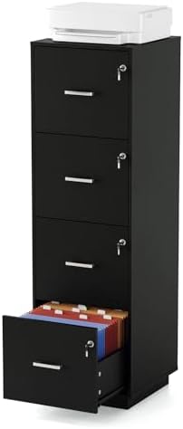 VINGLI 4 Drawer File Cabinet with Lock, Home Office Filing Organizer, for Letter Size File Folder Storage, Wood Tall Vertical Filing Cabinet, Printer Stand, Archivador (Black)