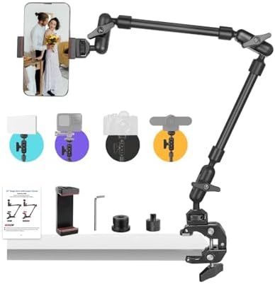22" Magic Arm w Clamp, Overhead Phone Mount, Desk Camera Mount w Articulating Friction Boom Arm Thread Adapter, for Phone Video Light Webcam Microphone Action Camera Content Creators