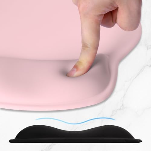 ITNRSIIET Ergonomic Mouse Pad with Wider Memory Foam Wrist Rest +17%, Curved Cushion Reduces Pressure 20%, Pain Relief, Non-Slip, Smooth, Cute Color Desk Accessory, 9.9 x 9 inch, Blush Pink