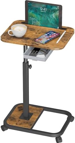 Adjustable Height TV Tray Table with Drawer, 360° Swivel C Shaped End Table, Rolling Couch Desk with Wheels, Side Tables for Living Room and Bedroom, Bed (Brown)