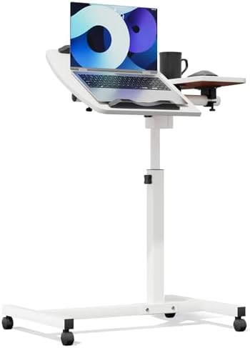 Athena Collection Adjustable Standing Desk with Wheels Overbed Table, White