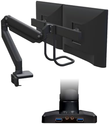 UPLIFT DESK Crestview Align Dual Monitor Arm - Gas Spring Monitor Mount with Adjustment Handle & USB Ports, 13-32” Inch Displays, VESA Compatible, Clamp or Grommet Mounting, Fits Standing (Black)