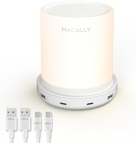 Macally Small Bedside Lamp with USB Ports (USB C + A) - Fast Charging Bedside Light and 3 Way Dimmable Touch Lamp for Nightstands - Great as a Night Light and Charger for Bedrooms