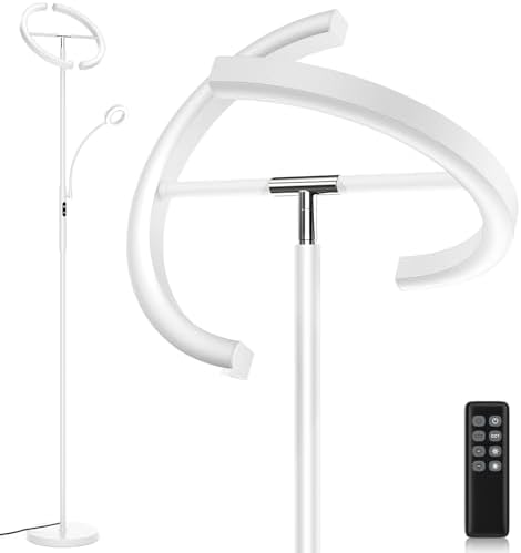 SIBRILLE White LED Floor Lamp - Dimmable 2 Lights Standing Lamp with Remote&Touch Control, 4 Color& 10 Brighness Adjustable Floor Reading Light, Modern Tall Lamp for Living Room Bedroom Office Corner