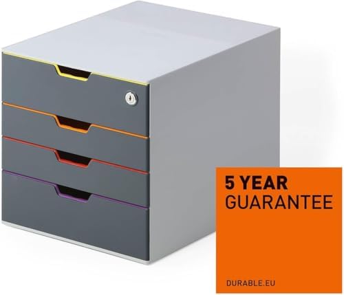 Durable Varicolor Drawer Organizer, 4 Lockable Color Coded Drawers, Gray