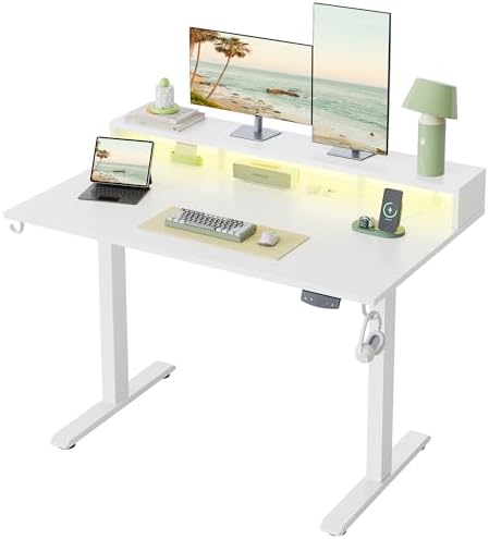 Klicelor Electric Standing Desk with Shelf, 48 Inch Height Adjustable Desk with Power Outlets & LED, Sit Stand Up Table with Monitor Stand, Computer Workstation for Home Office, White