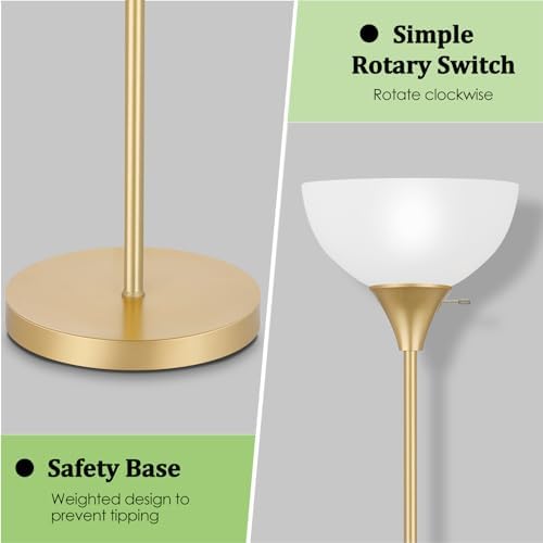 Coucrek Floor Lamp, LED Standing Lamps with White Plastic Shade, Corner Floor Lights for Living Room Bedroom, Rotary Switch, Bulb not Included, Gold