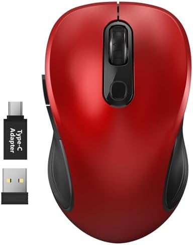 WisFox 2.4G Wireless Mouse for Laptop, Ergonomic Computer Mouse with USB Receiver and Type-C Adapter, 6 Button Cordless Mouse Wireless Mice for Windows Mac PC Notebook (Red)
