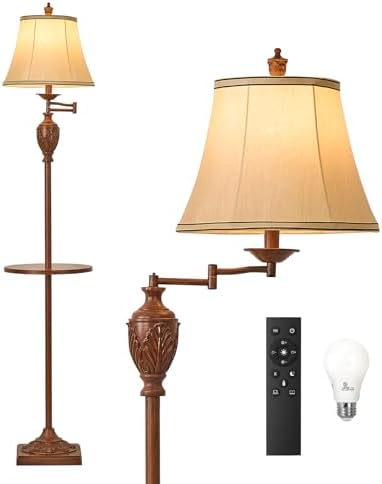 Traditional Floor Lamp with Tray, Remote Dimmable,350° Swing Arm and Walnut