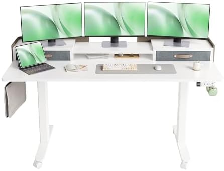Claiks Standing Desk with Drawers & Wheels, 2 Height Shelf 63" White