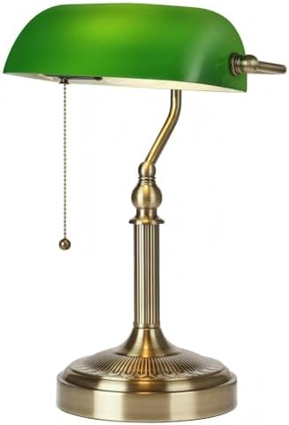 Green Glass Bankers Desk Lamp with Pull Chain Switch Plug in
