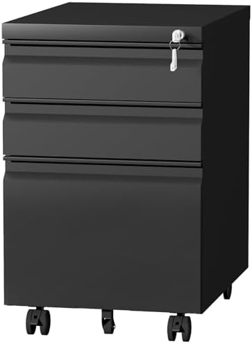 3 Drawer File Cabinet on Wheels,25.6" H Black Filing Cabinet with Lock,Under Desk Metal File Cabinet for Home Office Organizer Letters/Legal/A4(Fully Assembled) (Black)
