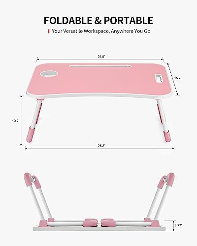 FISYOD Foldable Laptop Table, Portable Lap Desk Bed Table Tray, Laptop Stand with Cup Holder & Tablet Slot & Lifting Handle for Working Writing Drawing & Eating (Pink)