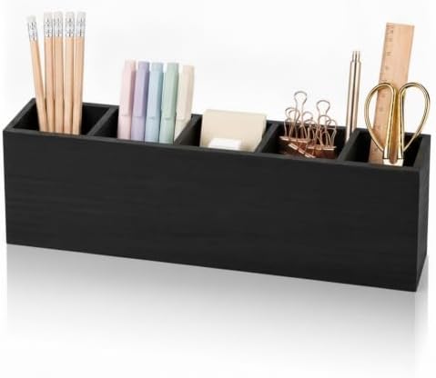 Jetec Wooden Pencil Pen Holder for Desk, Black, 5 Compartments