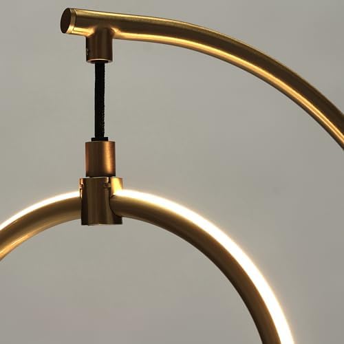 Brightech 2 Ring Lamp - 24" Dimmable LED Table Lamp with 2 Hanging Light Rings, Modern Arc Desk and Bedside Nightstand Lamp with USB-C Charging Port, 12W Warm White LED, Gold Brass