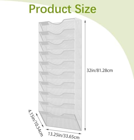 EasyPAG 10 Pocket Mesh Wall File Organizer, Hanging Paper Folder Holder with Classify Label, Vertical Wall Mount Mail Organizer for Office Home Classroom, White