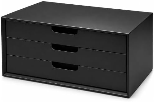 LitaEther Desk Organizer with 3 Drawers, ALEX Drawer Unit, Chic Black Wood Cosmetic Makeup Organizer for Office Vanity Tabletop Storage 13.8"X 6"X10.2"