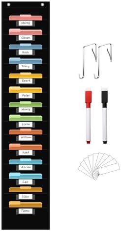 ANCOMEDO 14 Pocket Hanging File Organizer with 14 Nametag Pockets. Black File Storage Pocket Chart for Classroom or Office Use. Perfectly Organizes Assignments, Files, Scrapbooks, and Documents.