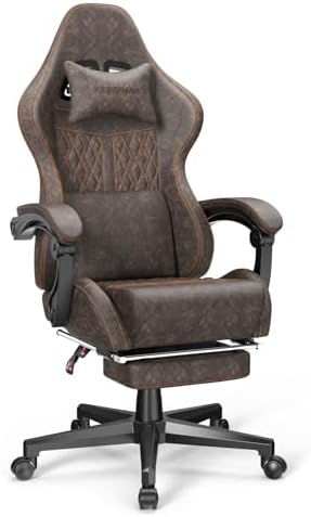 Ferghana Vintage PU Leather Gaming Chair, High Back Gamer Chair with Massage, Ergonomic Computer Office Chair with Footrest for Adults, Racing Style Reclining Video Game Chair Chestnut Brown