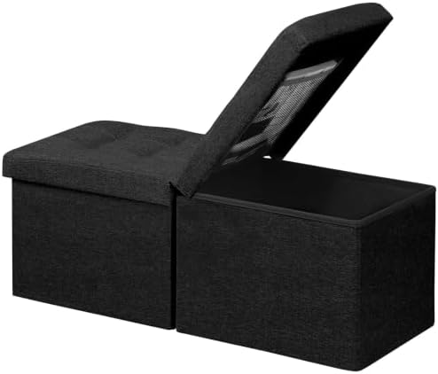 AmasSmile Footrest Ottoman Storage Bench, 34" Linen Folding Chest, Black