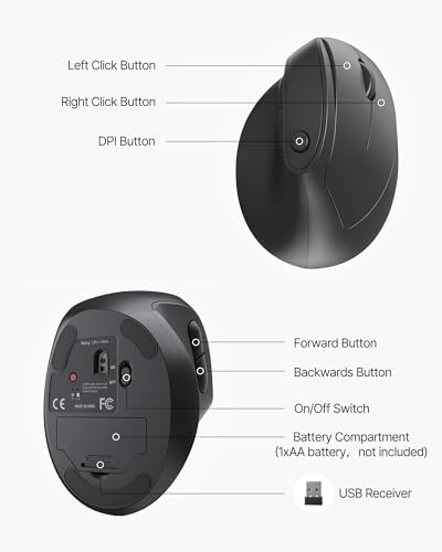 Ergonomic Mouse, USB+Bluetooth Dual Connection, Wireless Vertical Mouse for Reducing Wrist Pain, 1000/1600/2400 DPI, Ergo Mouse with Quiet Click for Windows Mac OS PC Computer Laptop, Black