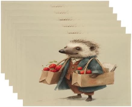Hedgehog Delivery Berry Placemats, Carries Bags Place Mats for Dining/Kitchen Table Waterproof Washable Linen Heat Insulation Dinner Table Mats 12X18 in 6 Pcs
