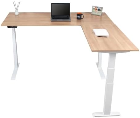 Stand Up Desk Store Triple Motor Electric L-Shaped Corner Standing Desk with EZ Assemble Frame (White Frame/Natural Walnut Top, 71" W x 71" D)