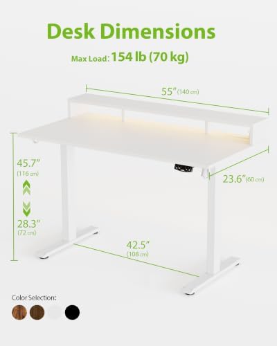Agilestic 55 * 24 Inch Electric Standing Desk with Shelf & Led, White