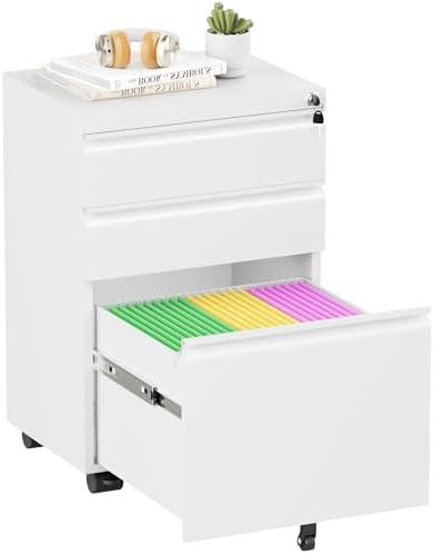Superday White 3 Drawer Mobile Locking File Cabinet, Metal Rolling Vertical Filing Cabinet with Drawers, Small Under Desk File Cabinets for Office and Home, Fully Assemble