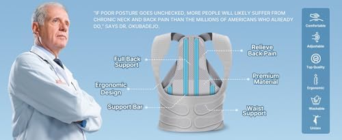 Back Brace Posture Corrector for Women and Men, Shoulder Straightener, Adjustable Full Back Support, Relief for Neck/Shoulder/Back Pain, Scoliosis & Hunchback Correction, Breathable Mesh Design (Gray, Medium/Large (Waist 33"-40"))
