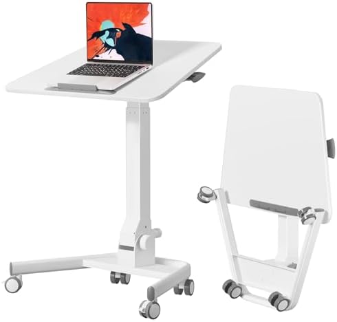 Foldable Mobile Standing Desk, Rolling Laptop Cart, White