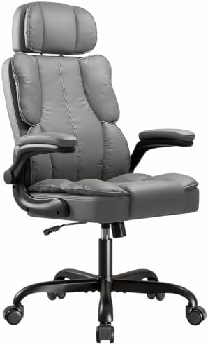 Kensaker Ergonomic Executive Office Chair with Adjustable Headrest & 90° Flip-Up Arms, High Back PU Leather Computer Desk Chair with 135° Rocking & Double Padding for Home Office Comfort, Gray