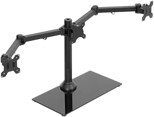 VIVO Black Triple Monitor Mount Freestanding Desk Stand with Glass Base, Heavy Duty Fully Adjustable Stand for 3 Screens up to 24 inches STAND-V003FG