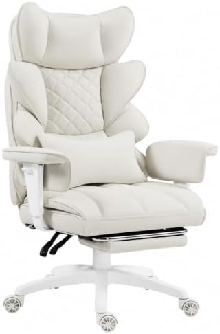 Dowinx Big and Tall Office Chair with Pocket Spring Cushion,High Back Computer Gaming Chairs with Adjustable Armrests,Executive Desk Chairs with Lumbar Support and Footrest,PU -White