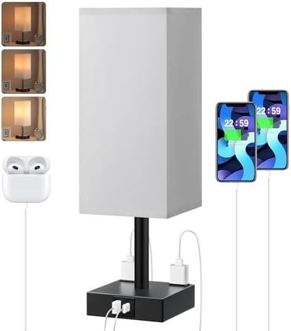 Grey Touch Table Lamp for Bedroom - Dimmable, USB C+A, 2 AC Outlets