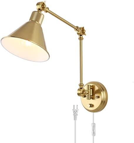 TRLIFE Wall Sconce Plug in, Brushed Brass Dimmable Wall Sconce Swing Arm Wall Lights Plug in Wall Mounted Light with 6FT Plug in Cord, E26 Base, UL Listed(1 Pack)