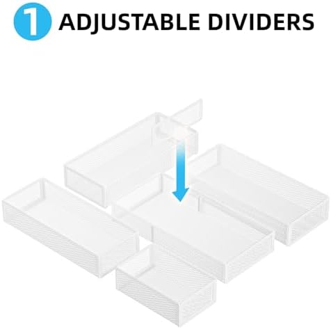 Marbrasse 5 Pack Desk Drawer Organizer Set, Mesh Drawer Storage Trays with 1 Adjustable Divider, Desk Organizers and Accessories, 5 PCS Drawer for Office Supplies, Makeup & Vanity (White)