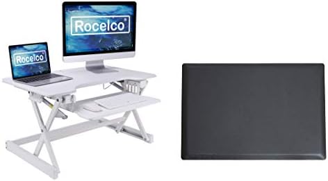 Rocelco 32" Height Adjustable Standing Desk Converter BUNDLE - Sit Stand Computer Workstation Riser with Anti Fatigue Mat - Dual Monitor Retractable Keyboard Tray Gas Spring - Black (R EADRW-MAFM)