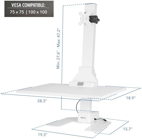 Mount-It! Electric Standing Desk Converter, Adjustable Tabletop Sit Stand Desk Riser with Single Monitor Mount for Monitors up to 32", Freestanding 28" Wide Platform Rises up to 20.75" White