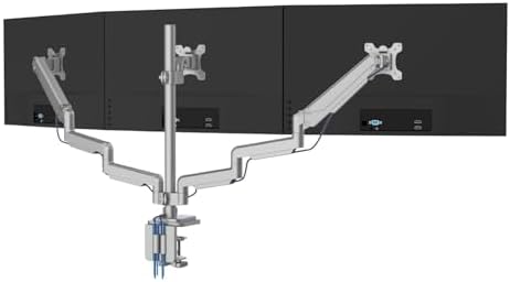 Mount-It! Triple Monitor Mount with Gas Spring Arms, Fits 24–32 Inch Screens, USB & Audio Ports, Full Motion Desk Stand with Tilt, Swivel & Rotation, Heavy Duty Silver 3 Screen Arm with Clamp