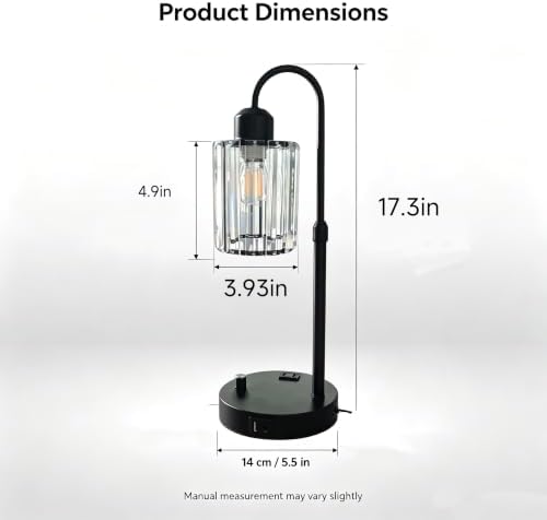 Black Crystal Table Lamp, Adjustable Height Stepless Dimmable Desk Lamp with USB Charging Port & AC Power Outlet, Metal Base Bedside Lamp for Bedroom Office Living Room