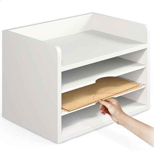 Ballucci File Organizer, 4-Tier Office Desk Organizer, Open Top Wood Paper Organizer for Classroom, Desktop Mail Sorter Paper Tray, White